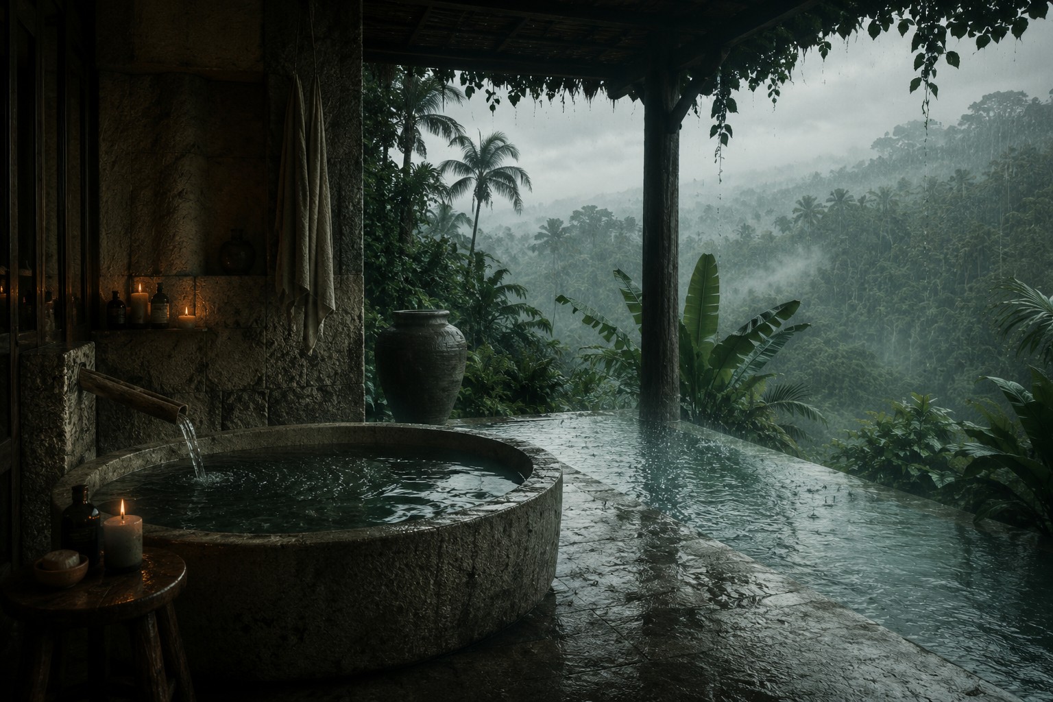 Rain-soaked tropical spa retreat with stone bath, misty rainforest valley and humid Far North Queensland atmosphere