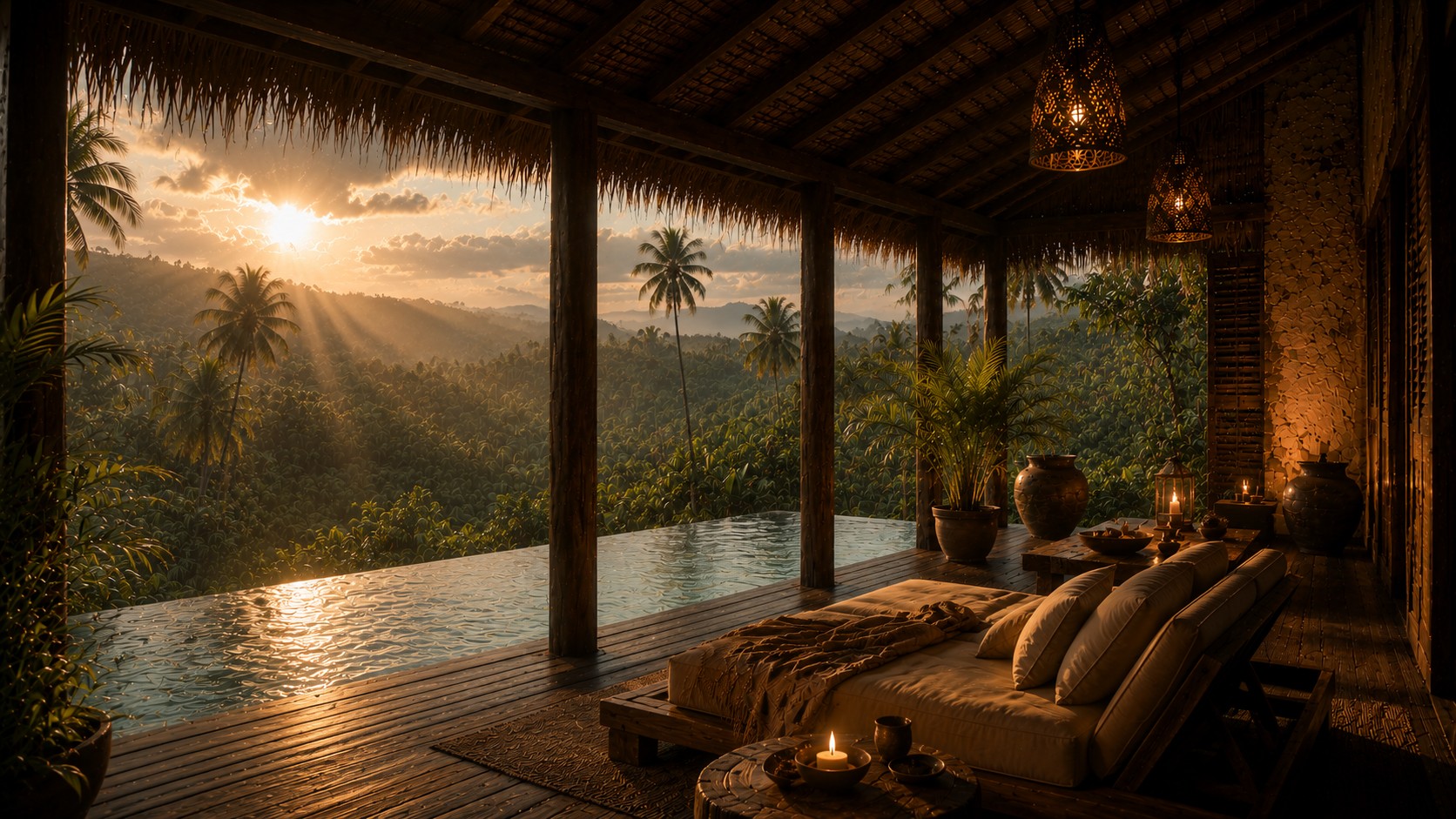 Luxury tropical veranda with infinity pool, warm lantern lighting and rainforest sunset atmosphere in Far North Queensland.