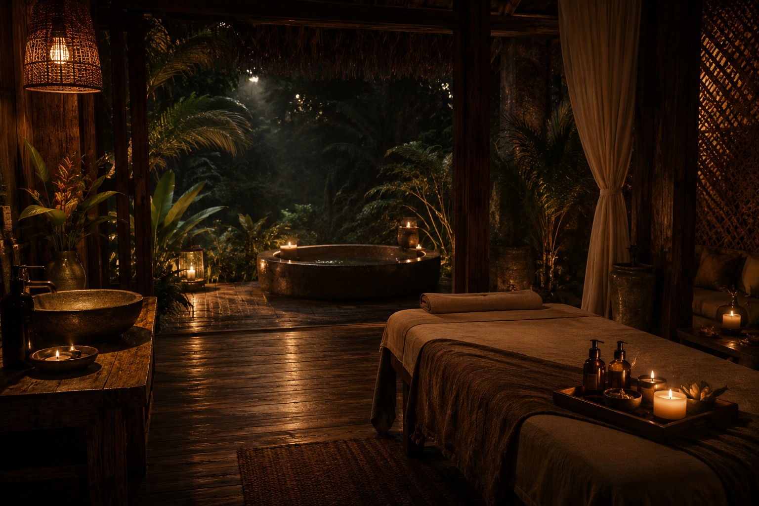 Warm candlelit tropical spa retreat with timber interiors, massage bed, soft fabrics and humid rainforest atmosphere in Far North Queensland.